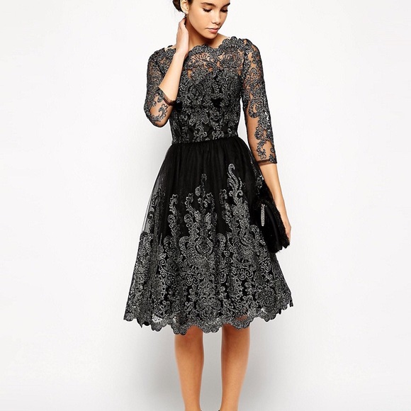 chi chi london black lace dress Chi Chi London Black Lace Crotchet Mock Neck Dress